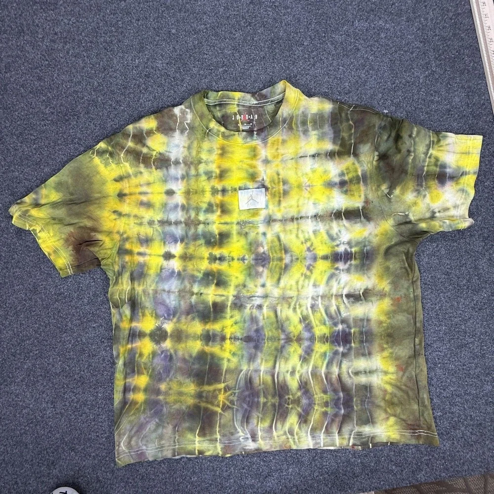 Jordan T-Shirt‎ Mens XL Yellow Olive Tie Dye Flight Jumpman Logo CUSTOM OOAK